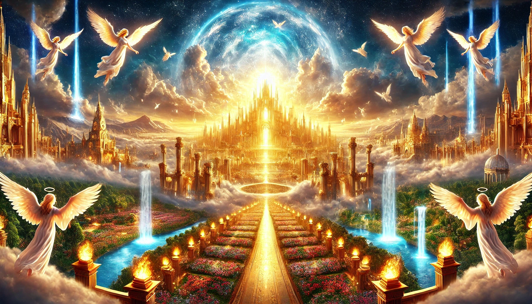 Panoramic view of a heavenly golden city with angels and waterfalls